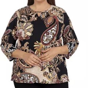NWOT Alfred Dunner Splitneck Three-Quarter Sleeve Paisley Print Top 2X